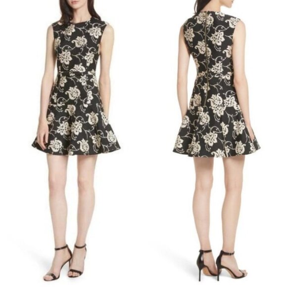 Ted Baker Fit Flare Ruffle Hem Dress Black Floral Size 0‎ Paisley Ornate Party - Picture 1 of 15